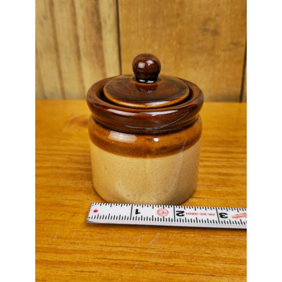 Vintage Stoneware Miniature Lidded Jar With Brown Glaze & Beige Body - Picture 7 of 9